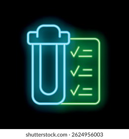 Glowing neon icon of a trash can being checked off a to do list, representing tasks being finished