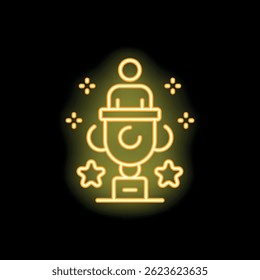 Glowing neon icon of a trophy award with a businessman on a podium and shining stars, concept of best ceo