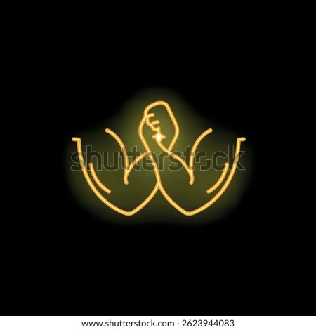 Glowing neon icon of two strong arms arm wrestling on a black background