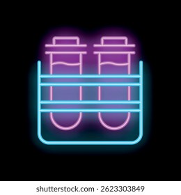 Glowing neon icon of two test tubes in a stand, representing a science experiment or medical research