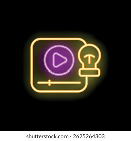 Ícone de néon brilhante de um reprodutor de vídeo com um botão de reprodução e uma lâmpada, representando educação on-line e e learning