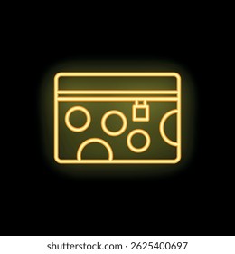 Glowing neon icon of a wallet with round details and a lock on a black background