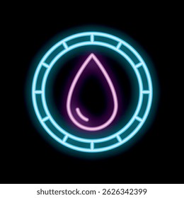 Glowing neon icon of water drop shining in circle frame on black background