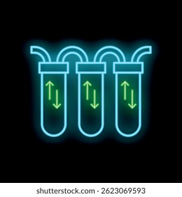 Glowing neon icon of water filters showing water purification process with arrows