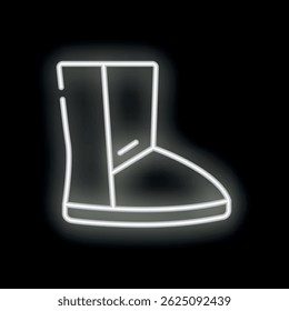 Glowing neon icon of winter boot is shining on black brick wall