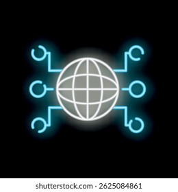 Glowing neon icon of a world map representing global internet network and communication