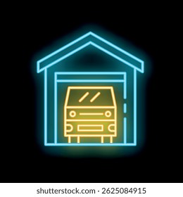 Glowing neon icon of a yellow car parked inside a blue garage, isolated on a black background
