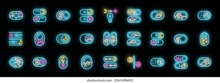 Glowing neon icons depict day and night mode toggle switches, featuring sun, moon, and cloud symbols, ideal for user interface design