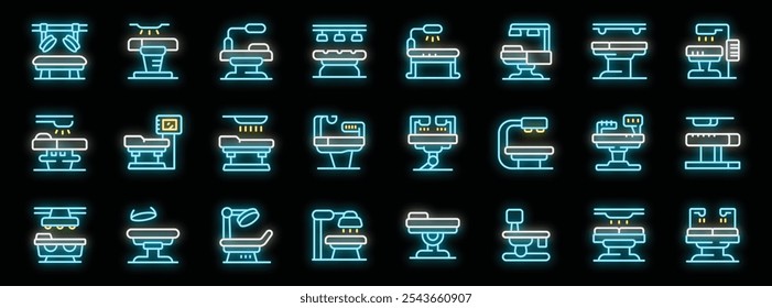 Glowing neon icons depict various medical tables, highlighting their role in healthcare procedures