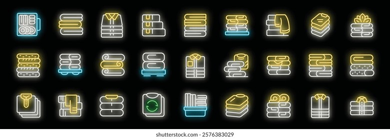 Glowing neon icons depict various stacks of folded clothes, towels, shirts, and blankets, symbolizing laundry, housekeeping, and organization