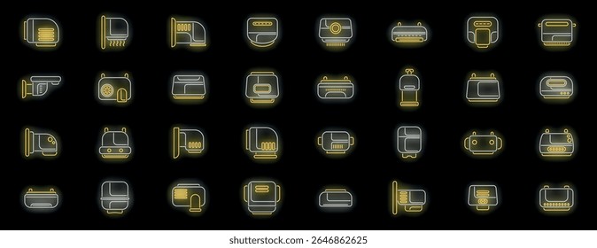 Glowing neon icons depict various smart home appliances, symbolizing modern living, automation, and convenience