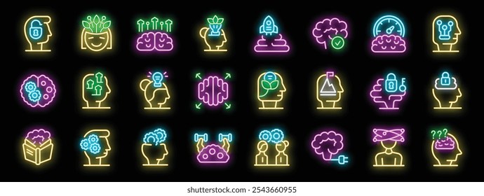 Glowing neon icons depicting various aspects of mindset, brain training, mental processes, and problem solving