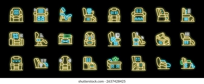 Glowing neon icons depicting various massage chairs, highlighting features like heating, vibration, and reclining positions