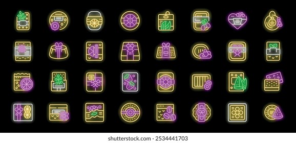 Glowing neon icons of gift boxes decorated with bows, ribbons, flowers, fruits, and other elements, perfect for any project related to gifts and celebrations