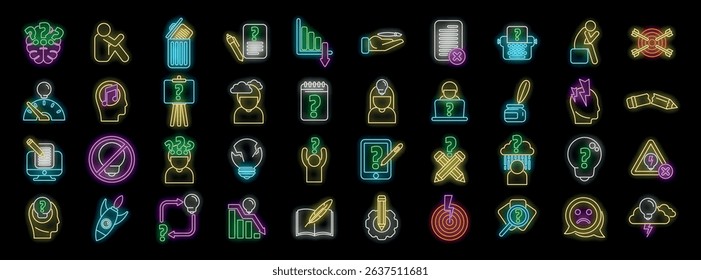Glowing neon icons illustrate challenges in work and study, depicting lack of inspiration, procrastination, and creative block