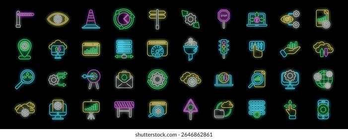 Glowing neon icons illustrate concepts of data analysis, traffic management, and system optimization, highlighting key elements in vibrant colors