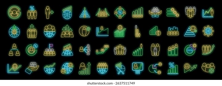 Glowing neon icons illustrate population growth, business success, and global expansion, with symbols of teamwork, charts, and demographics