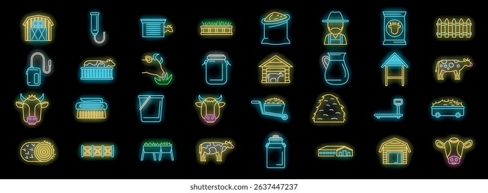 Glowing neon icons illustrate various aspects of cow farming, showcasing equipment, livestock care practices, and dairy production elements
