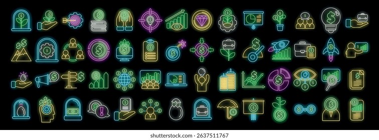 Glowing neon icons illustrate various aspects of finance, from investment and funding to business growth and achievement