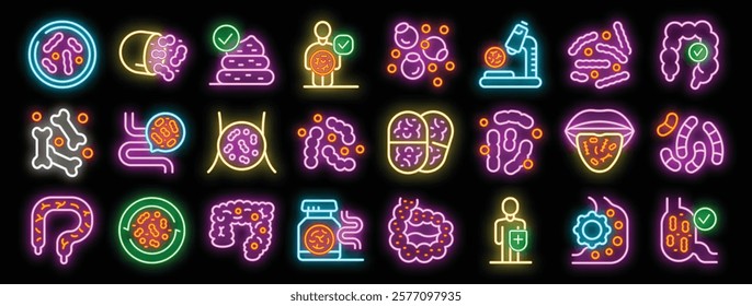 Glowing neon icons illustrating gut health, microbiome analysis, probiotics, prebiotics, and digestive system processes