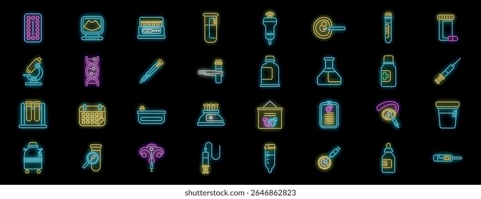 Ícones brilhantes de néon ilustrando vários aspectos da fertilidade, gravidez e obstetrícia, simbolizando avanços médicos e cuidados de saúde