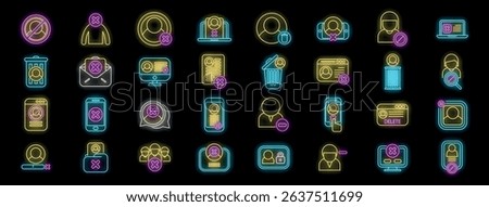 Glowing neon icons represent removing user, deleting account or profile on computer, smartphone, and other platforms