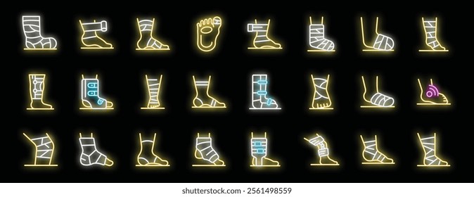 Glowing neon icons represent various foot and ankle injuries, highlighting bandages, braces, and supports for healing and recovery