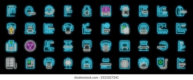 Iconos de neón brillantes que representan diferentes dispositivos de imágenes de resonancia magnética que se encuentran en hospitales e instalaciones médicas