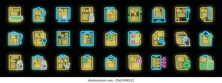 Glowing neon icons representing medical prescriptions, featuring rx forms, documents, bottles, pills, online forms, and digital healthcare concepts