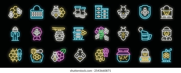 Glowing neon icons representing various aspects of beekeeping, including honeycombs, beekeepers, honey jars, and beehives