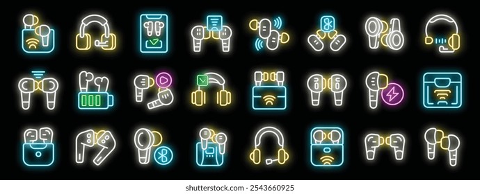 Glowing neon icons representing various wireless earbuds and headphones, showcasing features like bluetooth connectivity, charging cases, and noise cancellation