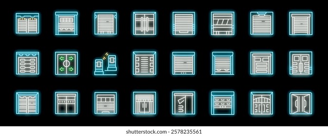 Glowing neon icons representing various garage door styles, including roller doors, sectional doors, and swing doors, with some featuring opening mechanisms