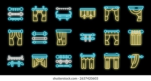 Glowing neon icons representing various curtain and drapery designs