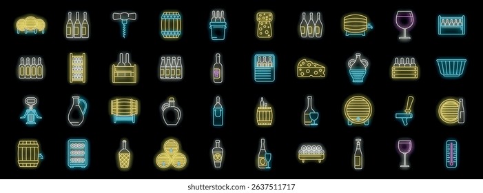 Glowing neon icons representing various aspects of winemaking, from grape harvesting to wine storage and serving