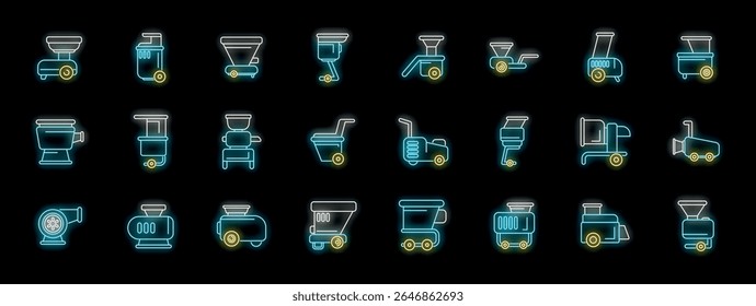 Ícones de neon brilhantes que representam vários tipos de fertilizantes, destacando tecnologia agrícola inovadora para a distribuição de nutrientes das plantas