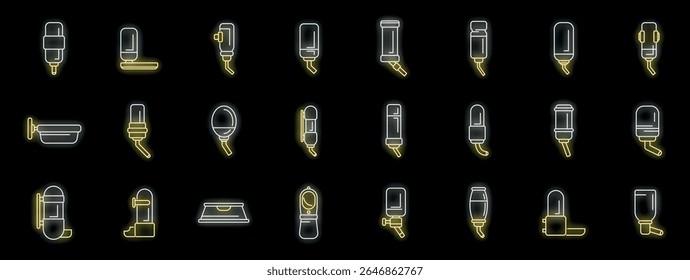 Glowing neon icons representing various types of pet waterers, including bowls and bottles