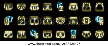 Glowing neon icons representing various types of men's undergarments, including boxers, briefs, undershirts, and tank tops