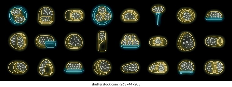 Glowing neon icons showcase a variety of salami presentations, from sliced rounds to whole sausages, highlighting different cuts and serving styles