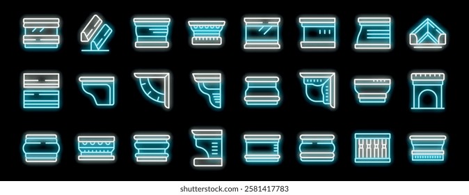 Glowing neon icons showcase various construction materials and architectural elements, including cornices, moldings, and decorative trims, illuminating design and building concepts