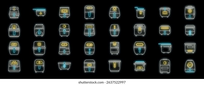 Glowing neon icons showcasing various deep fryer models, highlighting modern cooking technology and kitchen appliances