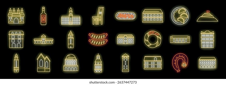 Glowing neon icons showcasing vilnius landmarks, traditional cuisine, and cultural elements of lithuania