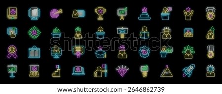 Glowing neon icons symbolize various aspects of business success, personal development, and skill enhancement