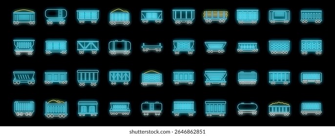 Ícones de néon brilhantes de vários vagões de trem de carga transportando diferentes tipos de carga, iluminando a noite com cores vibrantes