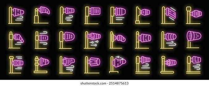 Glowing neon icons of windsocks, essential equipment for aviation and meteorology, illustrating wind conditions