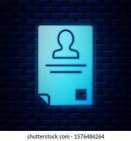 Glowing neon Identification badge icon isolated on brick wall background. It can be used for presentation, identity of the company, advertising.  Vector Illustration