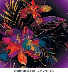 Estilo iluminado de neón brillante acuarela dibujando líneas doradas flores exóticas y hojas de palma patrón sin fisuras. Resplandor hermoso fondo de vector moderno colorido. Fondo tropical brillante brillante de la repetición.