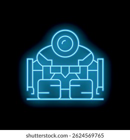 Glowing neon illustration of an astronaut venturing into the unknown, equipped with a jetpack and advanced spacesuit