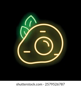 Glowing neon illustration featuring half an avocado with its seed, adorned with leaves, against a dark background