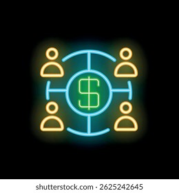 Ilustración de neón brillante que representa una red de personas que comparten dinero