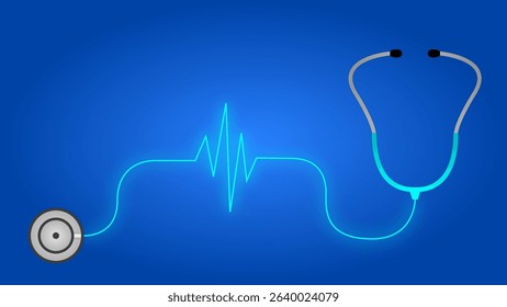 Glowing neon illustration of a stethoscope with a dynamic heartbeat line, symbolizing medical checkups, heart health, and healthcare technology.